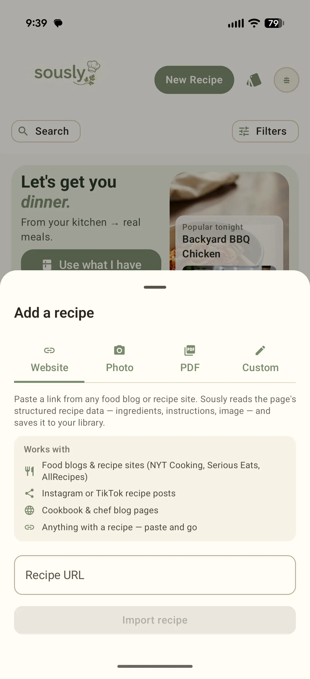 The Sously Add a recipe sheet with Website, Photo, PDF and Custom tabs and a URL input