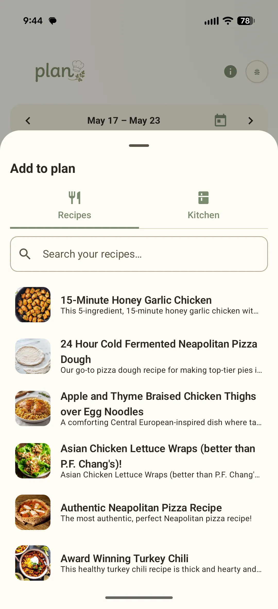 The Add to plan sheet with Recipes and Kitchen tabs and a list of saved recipes