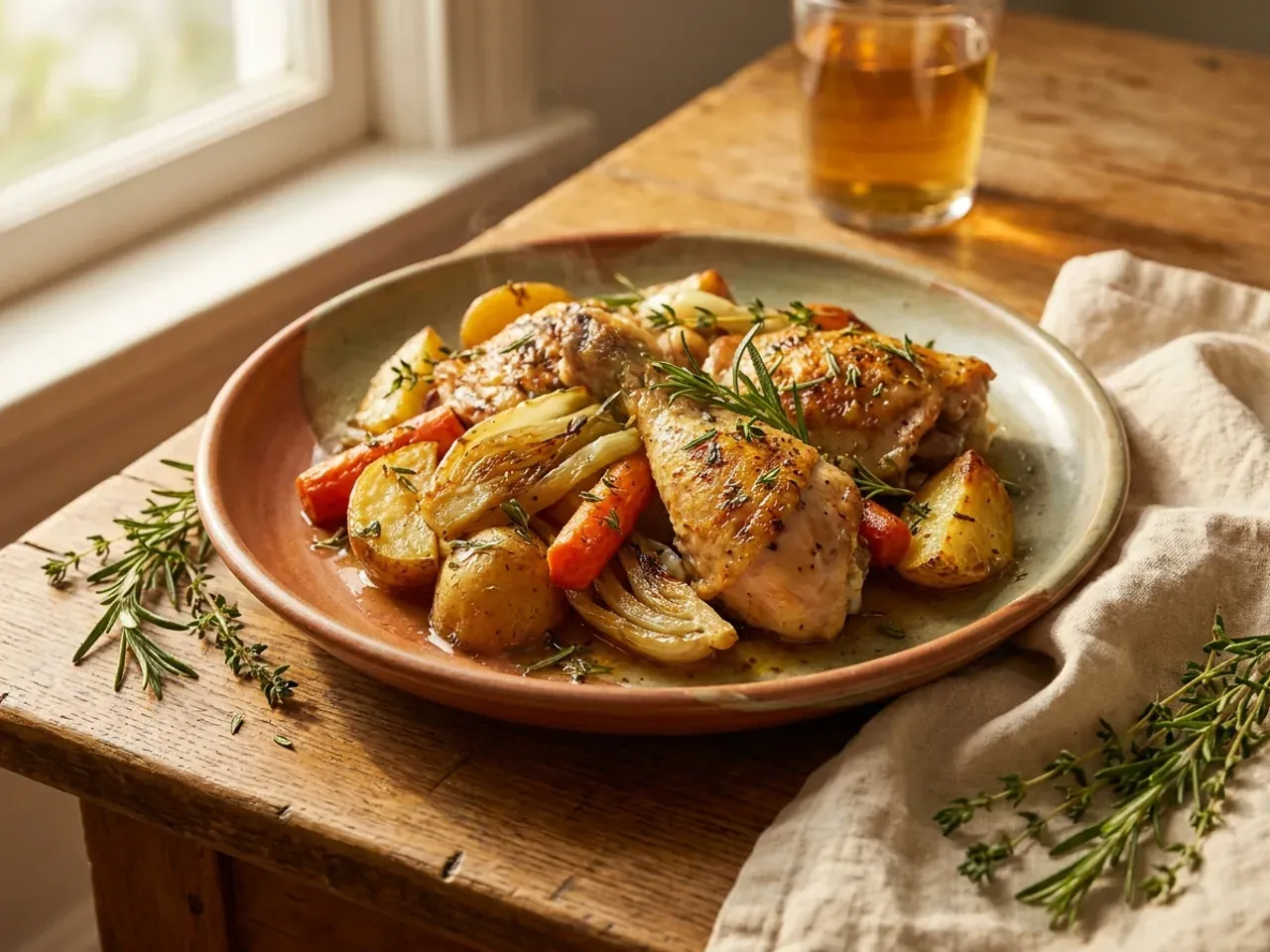 A home-cooked dinner of herb-roasted chicken and vegetables, plated on a wooden table