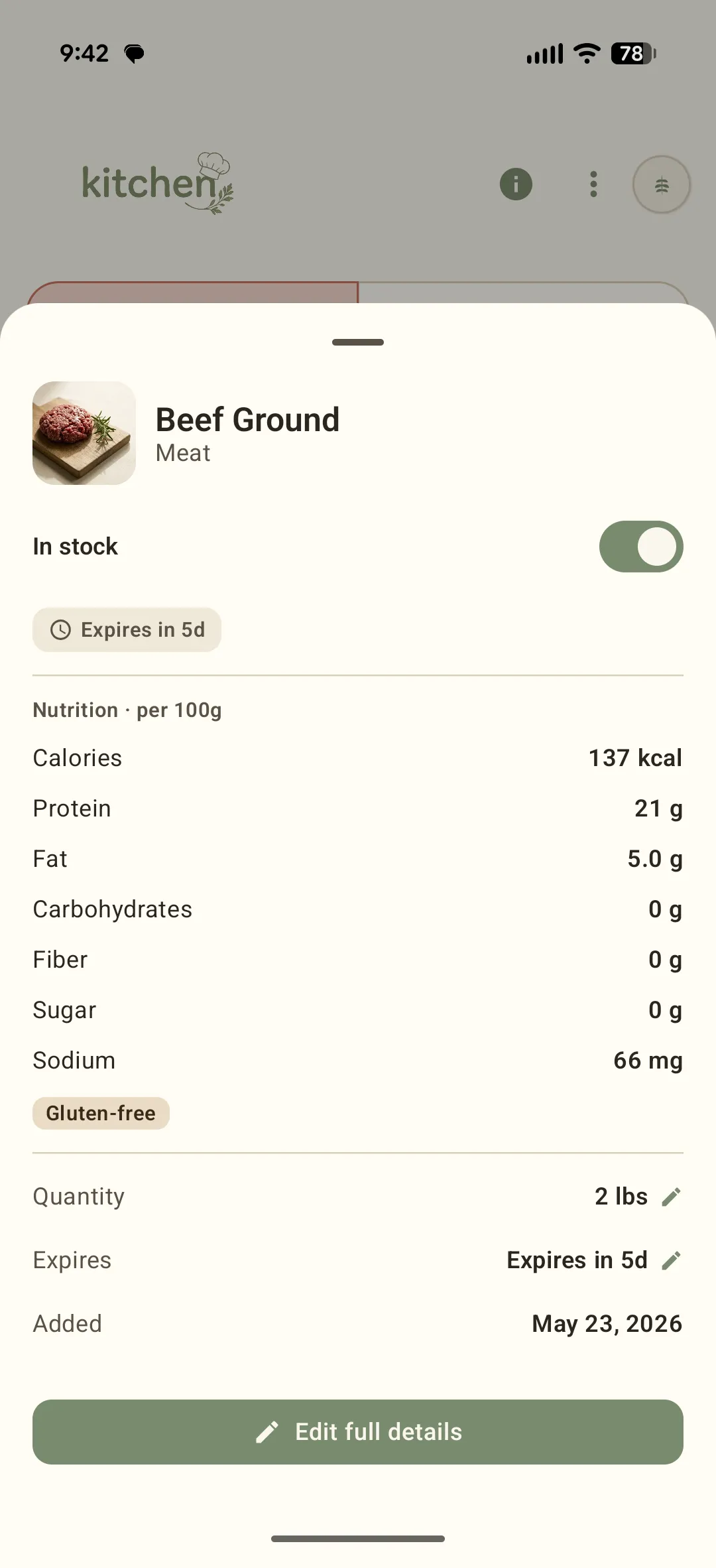 The Sously Kitchen item details sheet for ground beef, with per-100g nutrition and an expires-in-5-days tag
