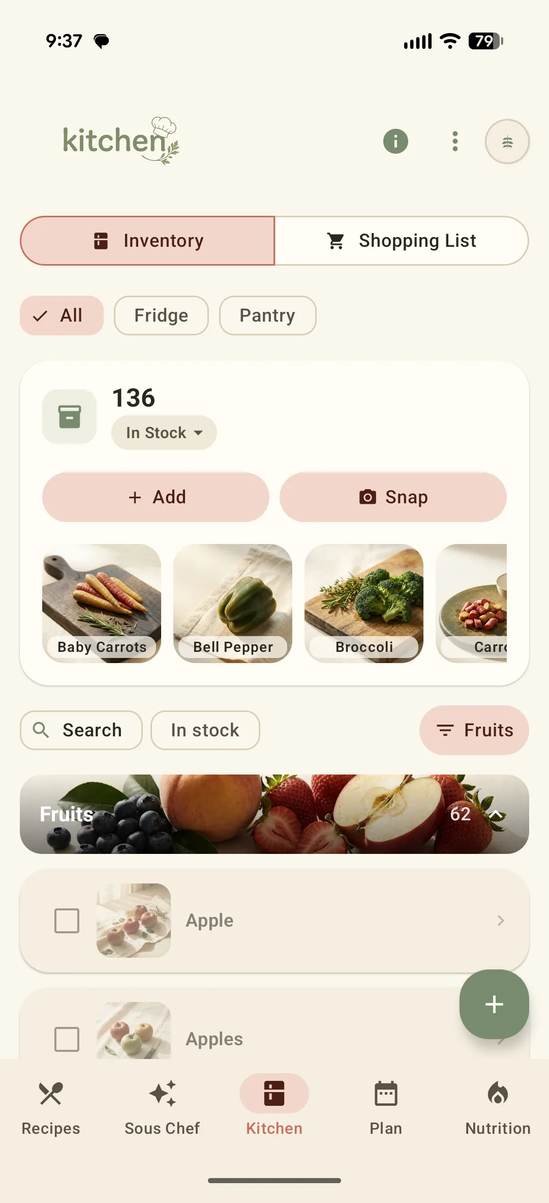 The Sously Kitchen Inventory screen with in-stock items and Add and Snap buttons