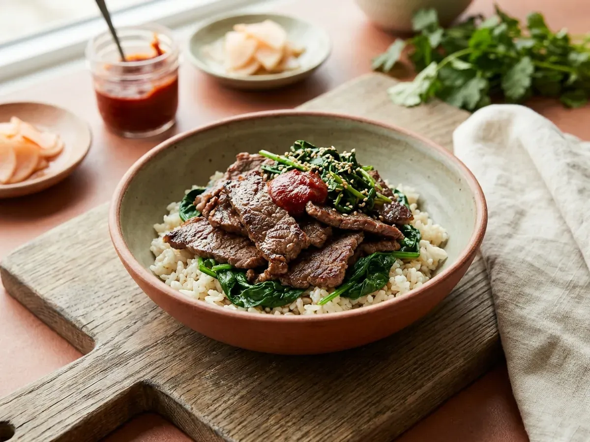 Korean Beef Bulgogi Rice Bowl with Sesame Greens