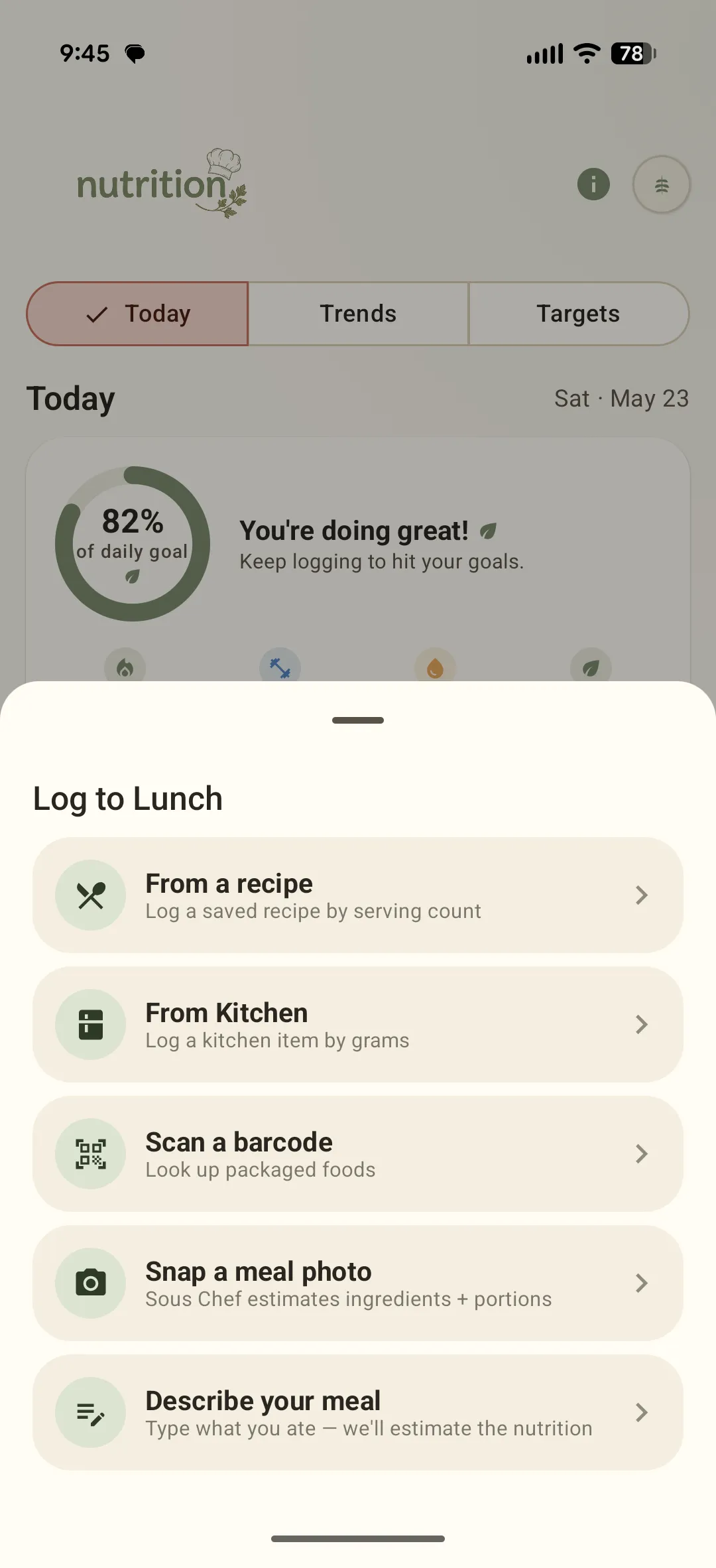 The Log to Lunch sheet with options to log from a recipe, Kitchen, barcode, meal photo or description