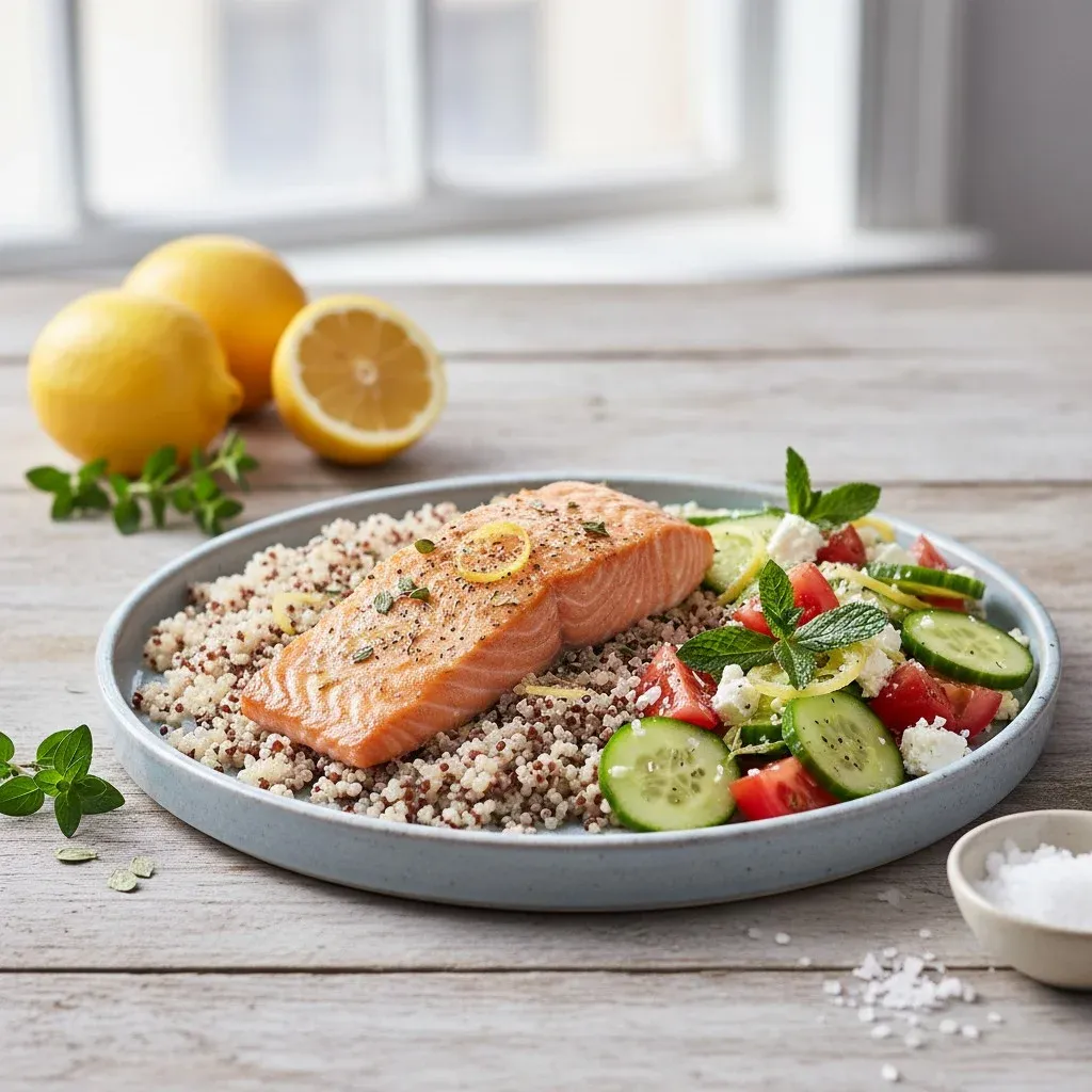 Mediterranean Baked Salmon with Quinoa and Cucumber-Tomato Salad
