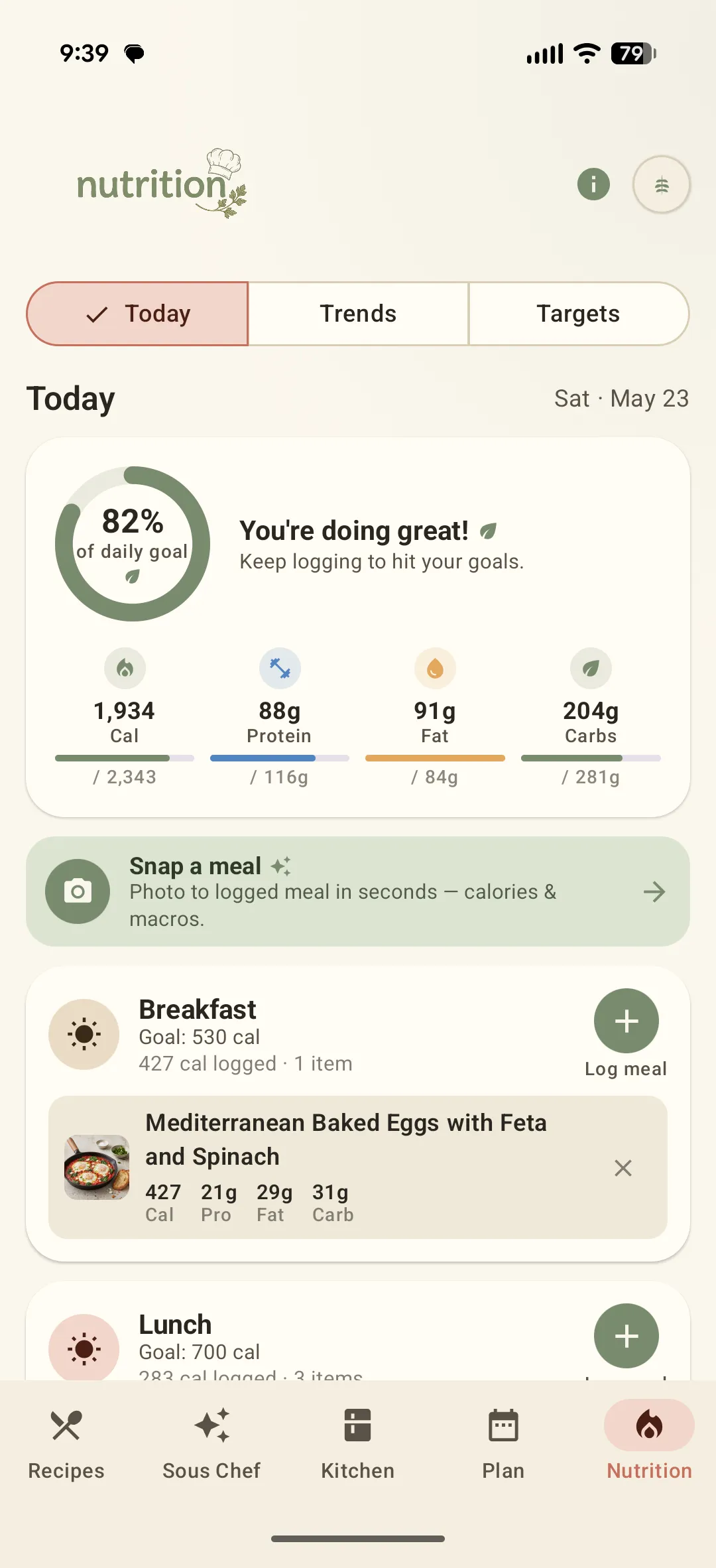 The Sously Nutrition screen with daily macros and a meal log