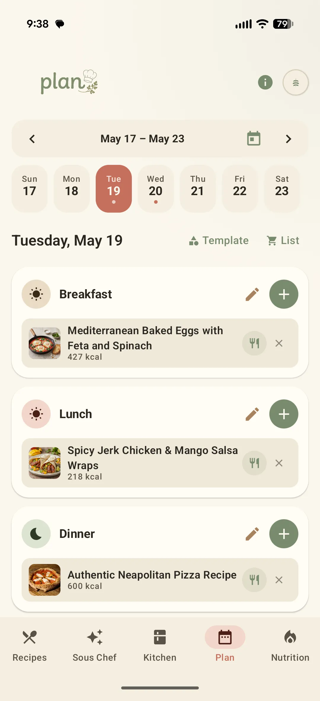The Sously Plan tab showing a week with breakfast, lunch and dinner planned for Tuesday