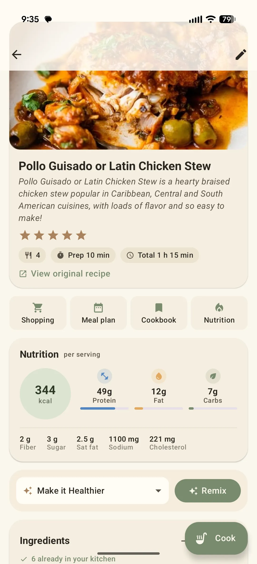 A recipe detail screen showing the per-serving nutrition panel