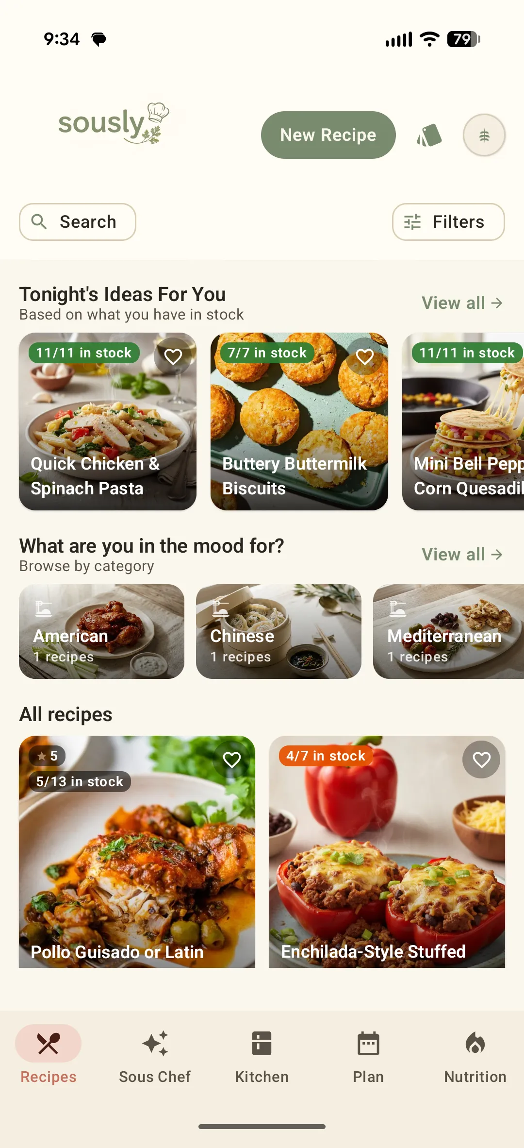 The Sously recipe library grid
