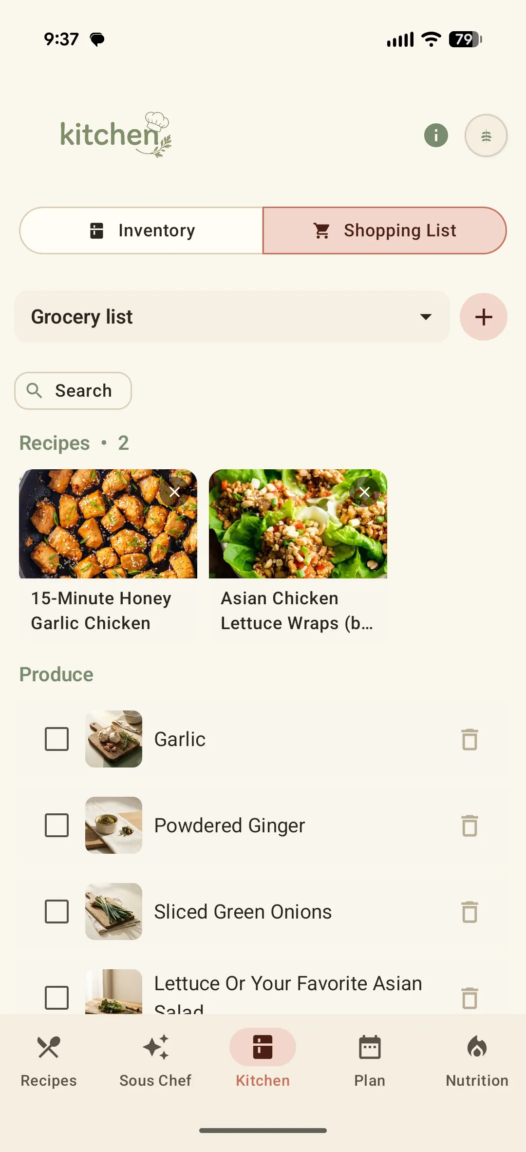 The Sously Shopping List with recipes and produce items grouped by category