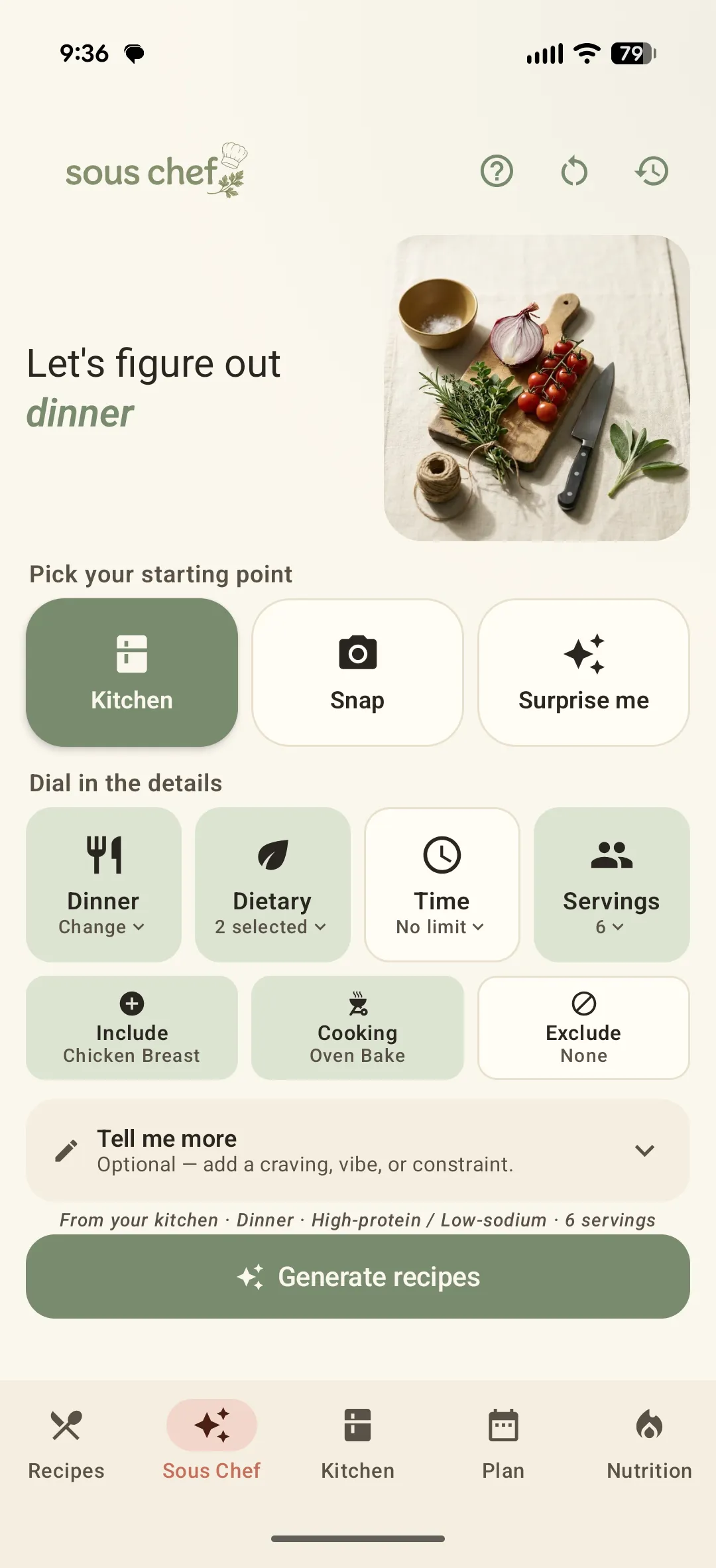The Sous Chef screen with starting points and recipe controls
