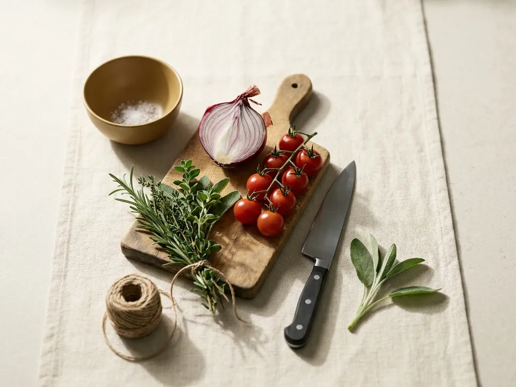 Fresh herbs, a tomato, and a chef’s knife on a wooden board