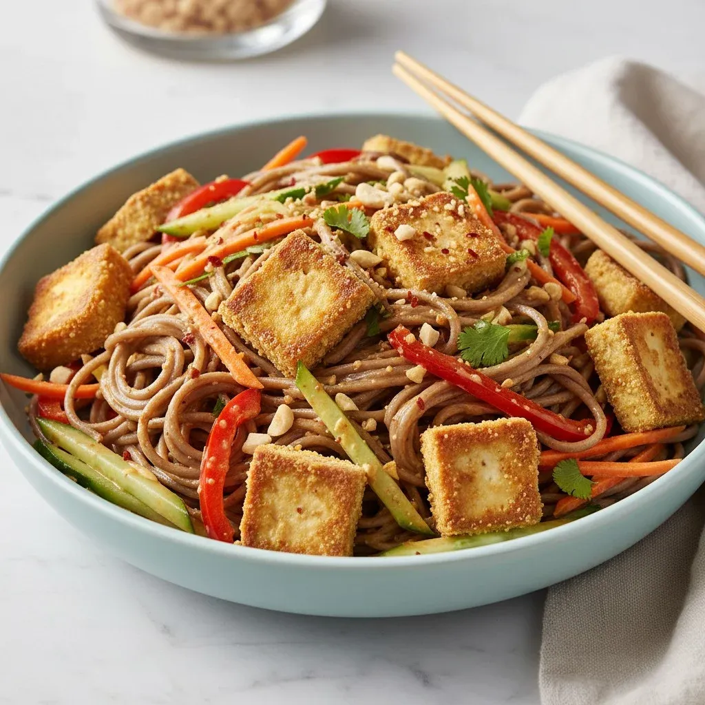Spicy Peanut Noodle Bowl with Crispy Tofu