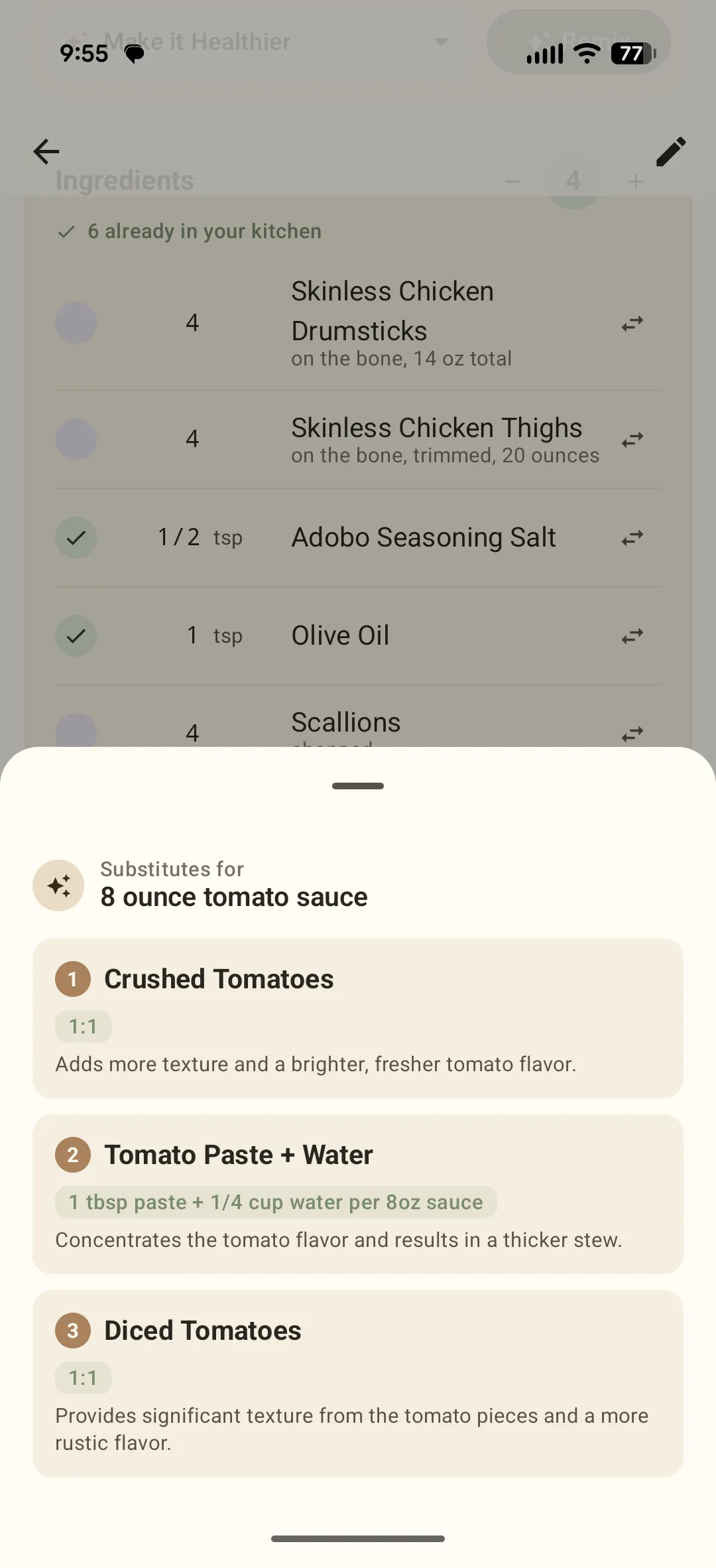 The substitution sheet for tomato sauce — crushed tomatoes, tomato paste + water and diced tomatoes