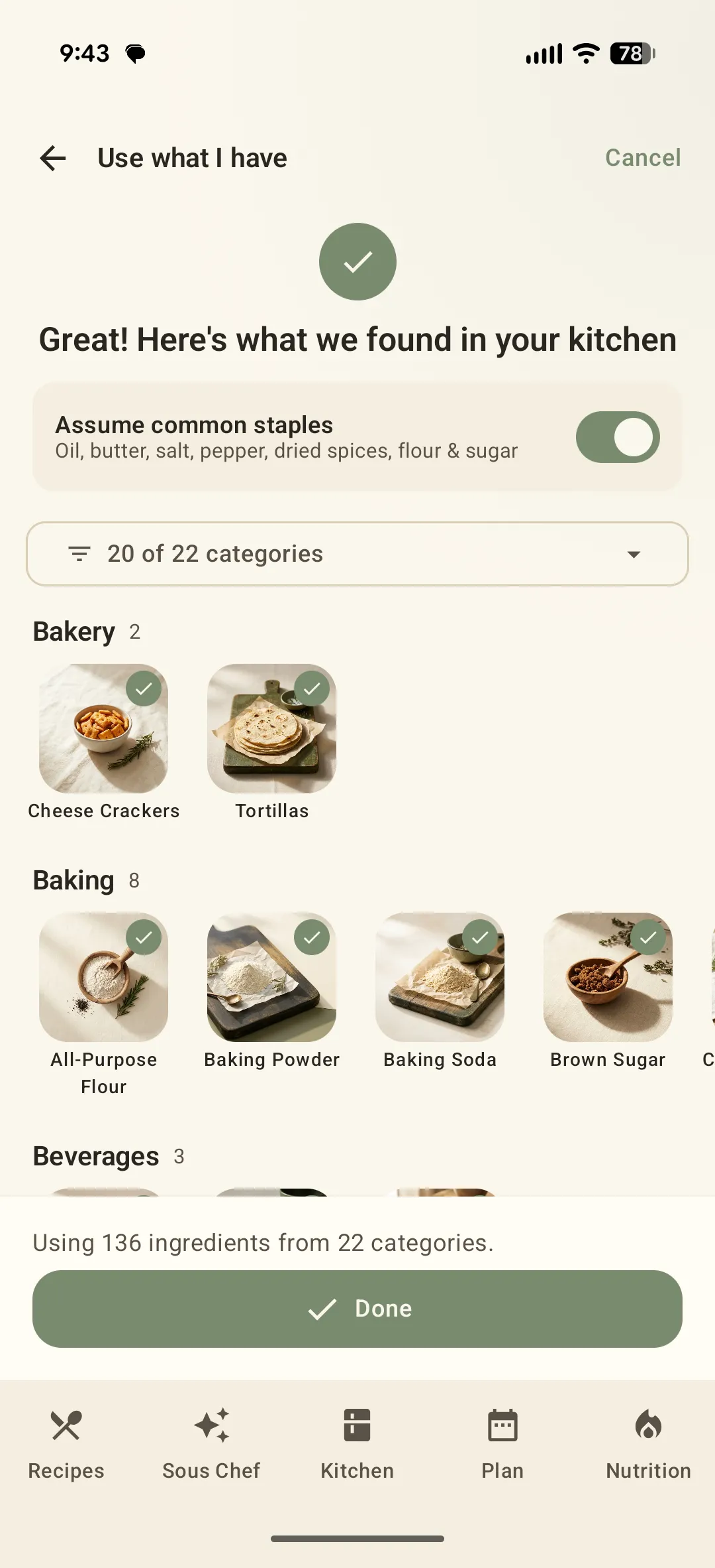 The kitchen scan results grouped into ingredient categories